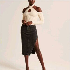 Abercrombie & Fitch Low Rise Y2K Black Cotton High Slit Denim Jean Skirt 30 10